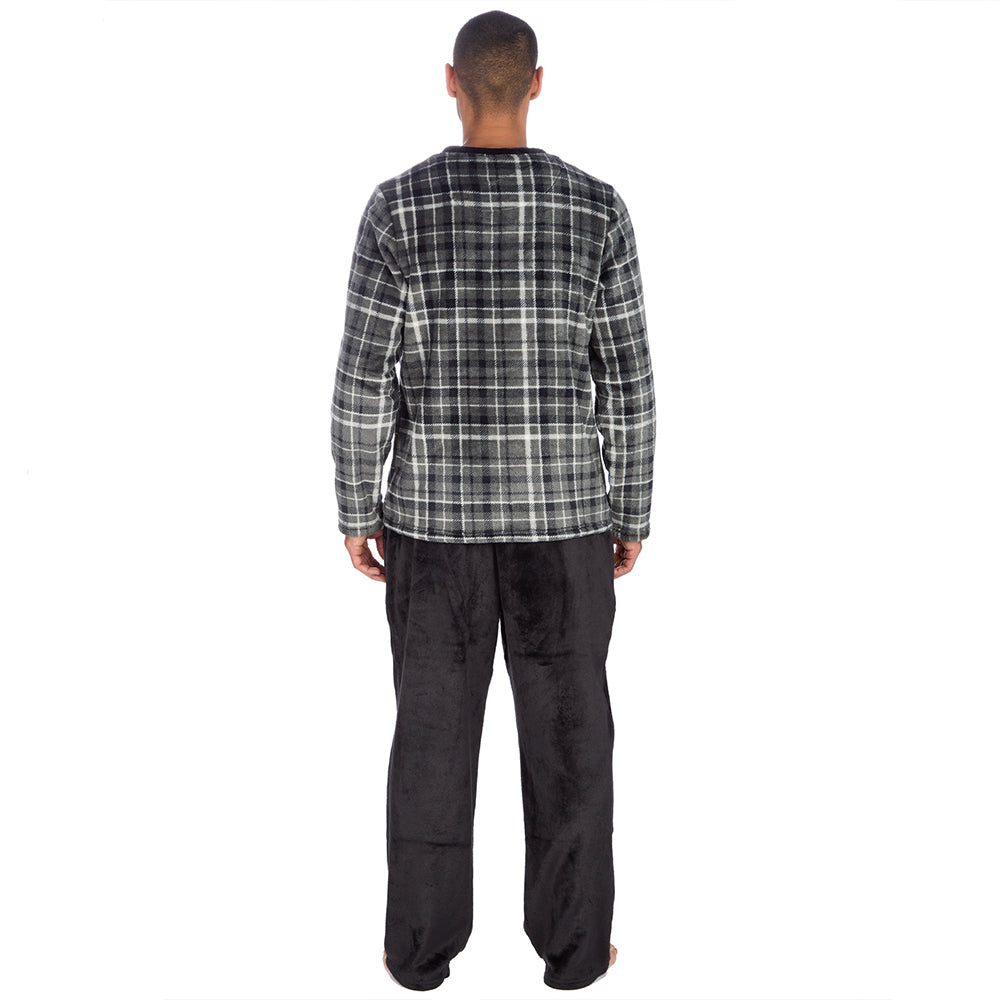 Mens Checked Black Fleece Pyjama Set