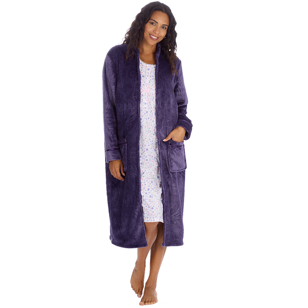 Ladies Full Zip Floral Embossed Purple Dressing Gown