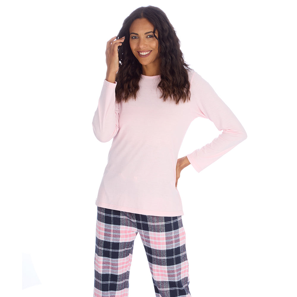 Ladies Pink Check Jersey Pyjama Set
