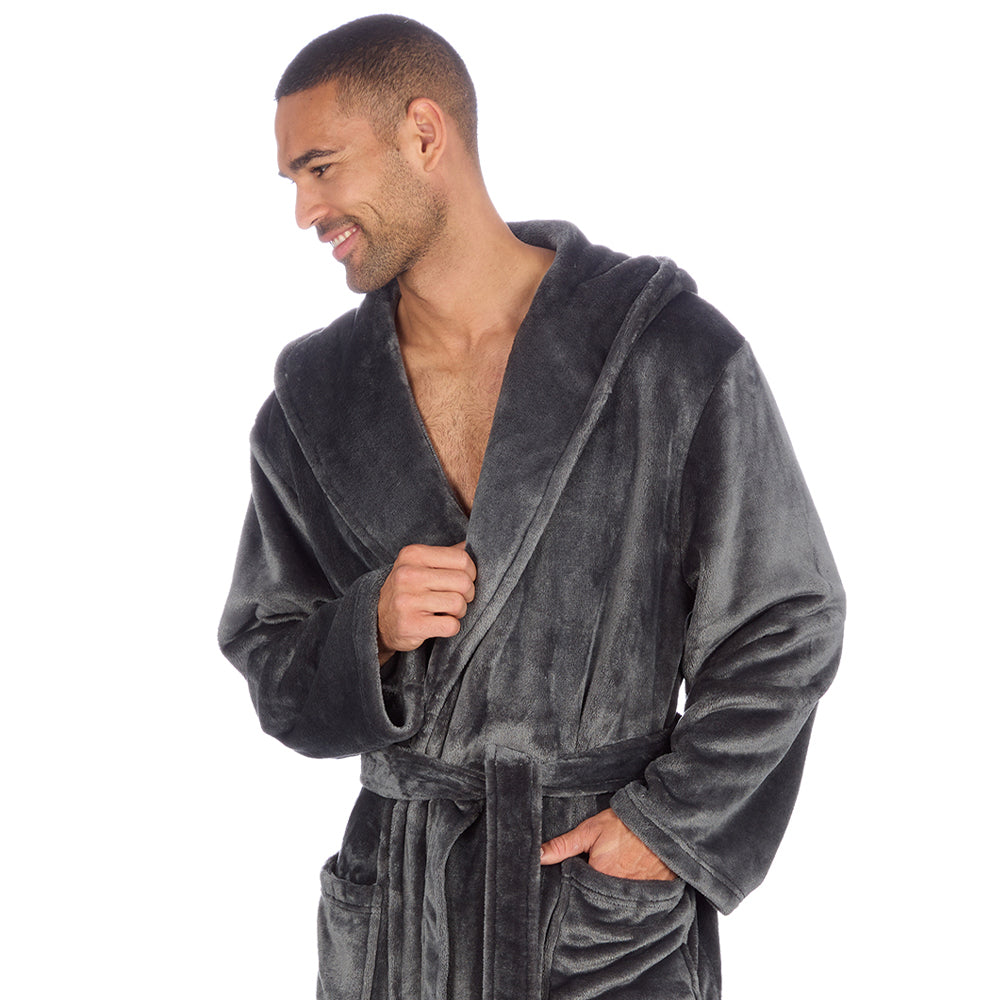 Mens Plain Hooded Charcoal Dressing Gown