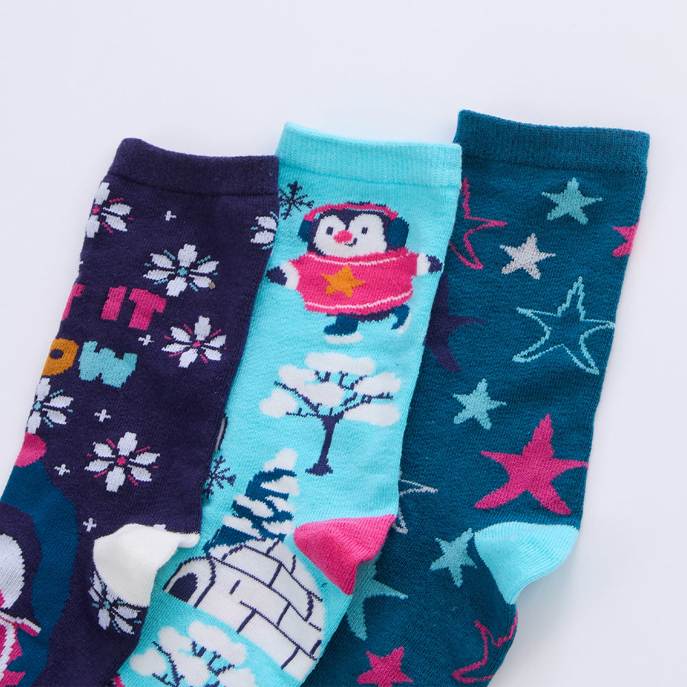 Ladies 3 Pairs Christmas Penguin Cotton Socks