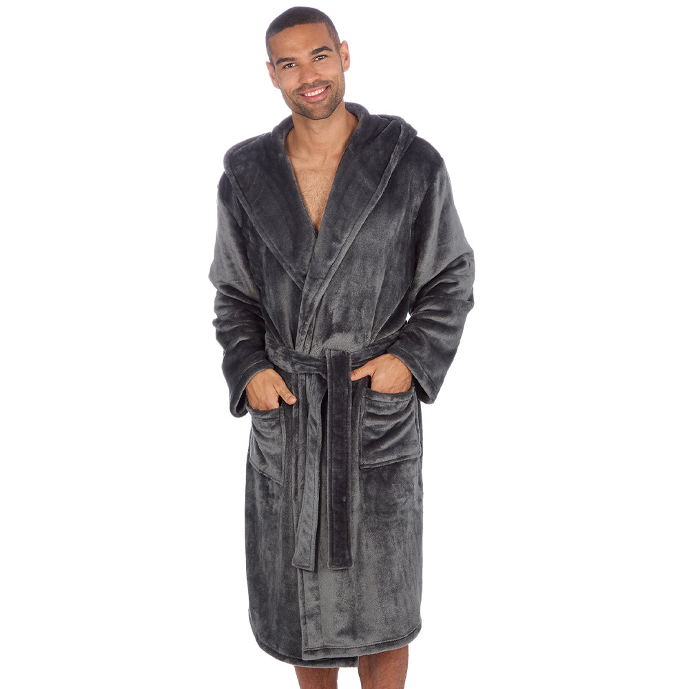 Mens Plain Hooded Charcoal Dressing Gown