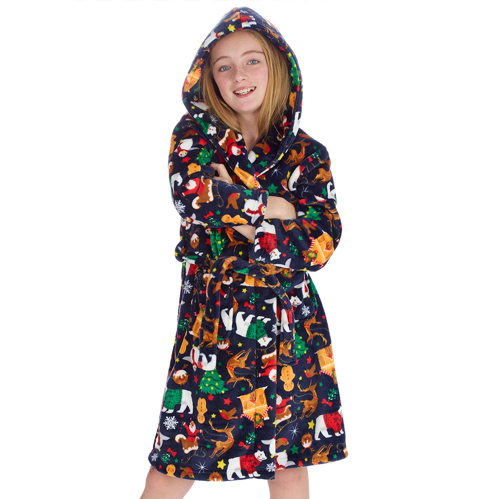 Girls Navy Christmas Dressing Gown