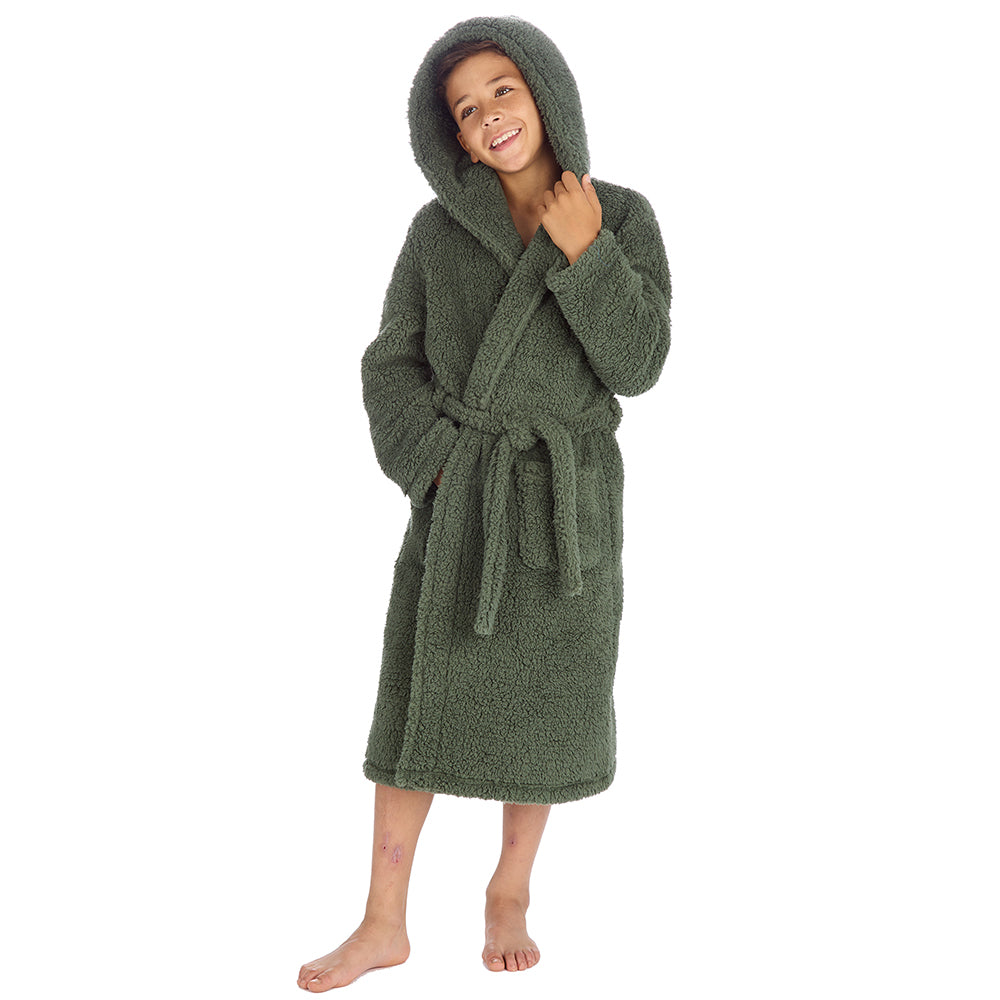 Boys Olive Teddy Fleece Dressing Gown