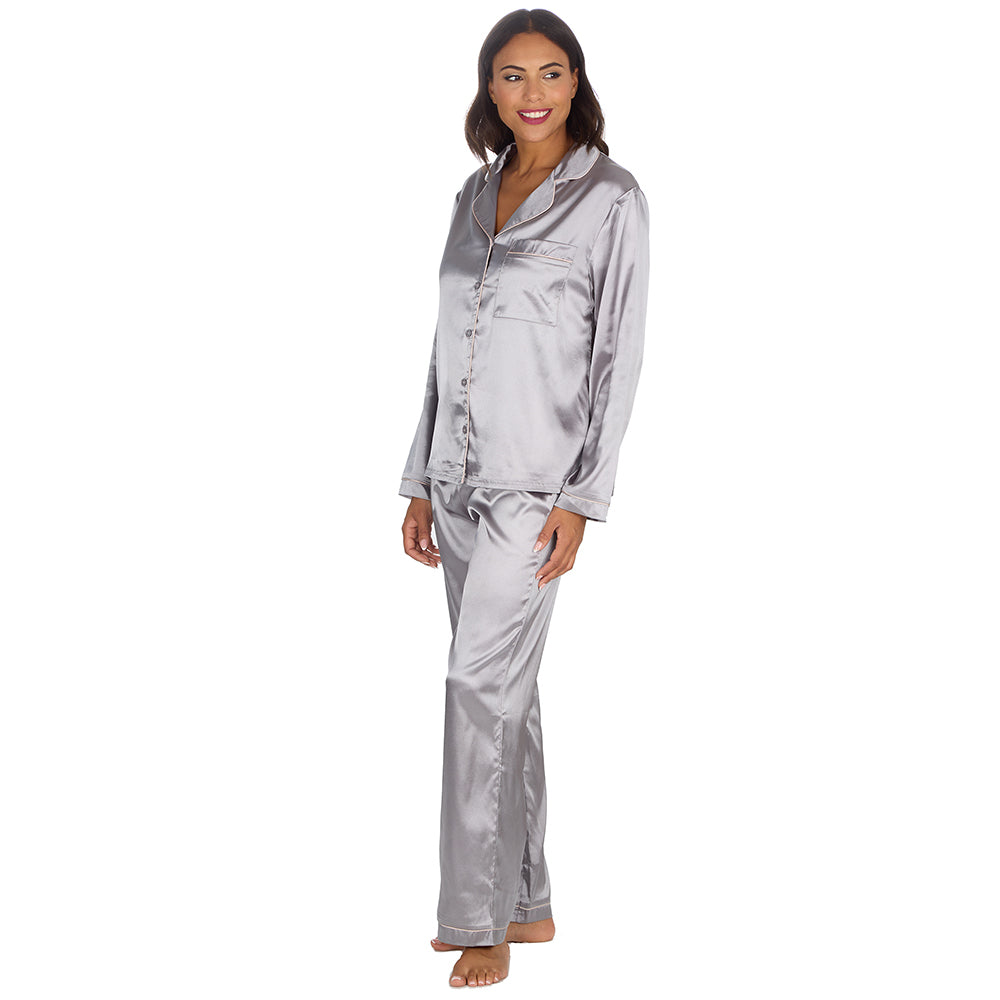 Ladies Silver Silky Satin Long Pyjama Set