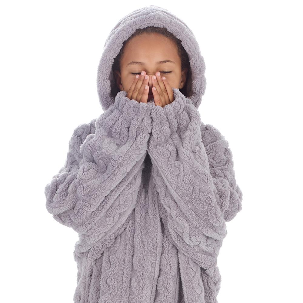 Girls Grey Cable Sherpa Fleece Blanket Hoodie