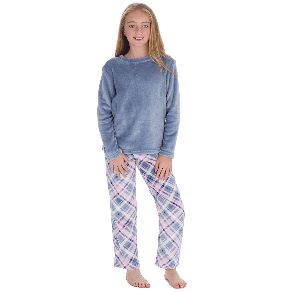 Girls Blue Check Fleece Pyjama Set