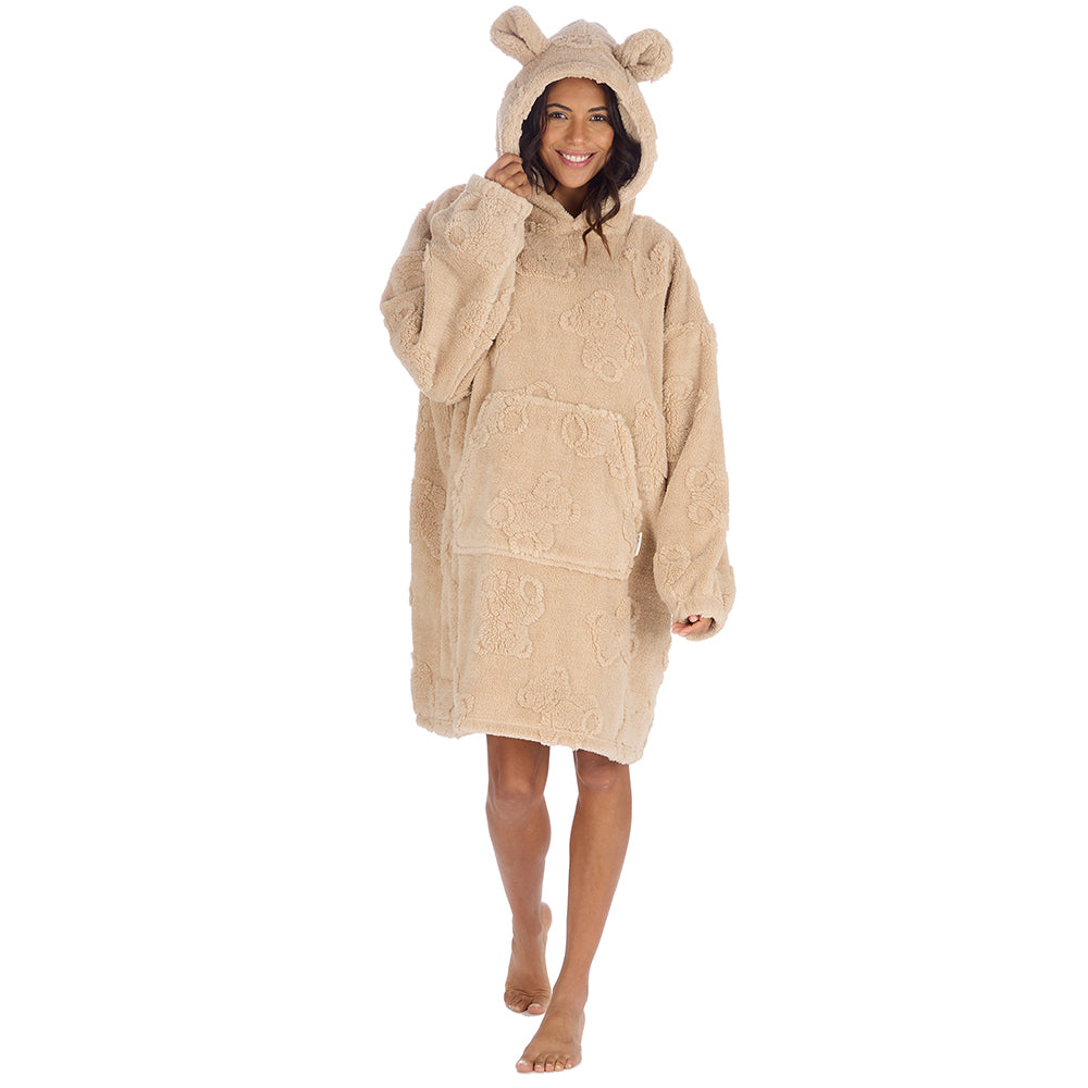 Ladies Beige Teddy Bear Textured Blanket Hoodie