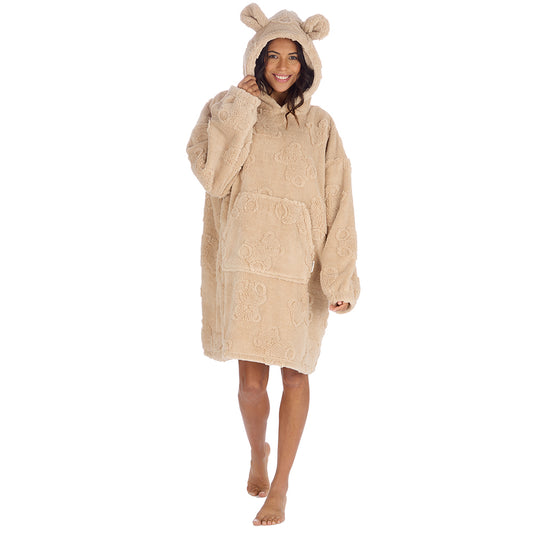 Ladies Beige Teddy Bear Textured Blanket Hoodie