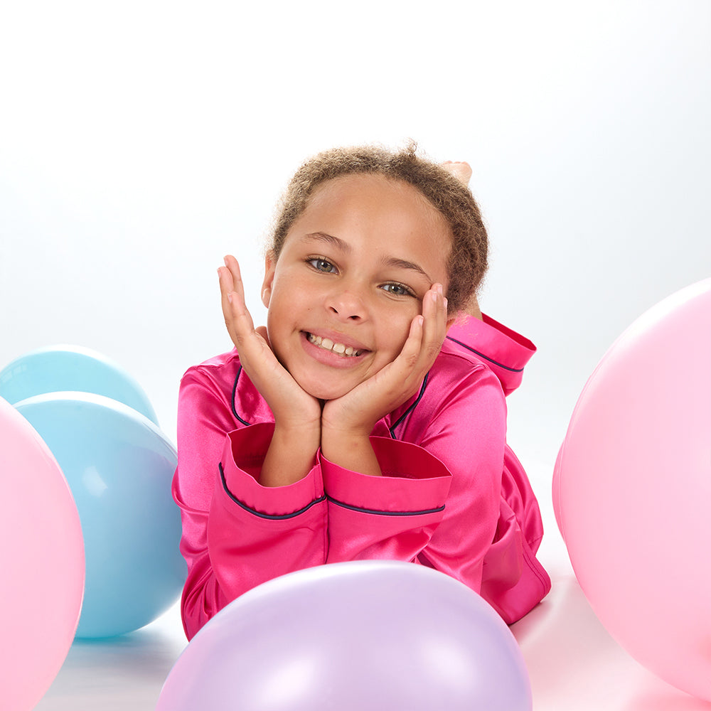 Girls Pink Silky Satin Long Pyjama Set