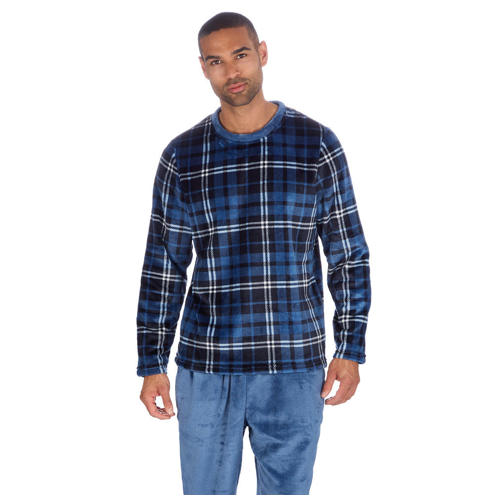 Mens Checked Blue Fleece Pyjama Set
