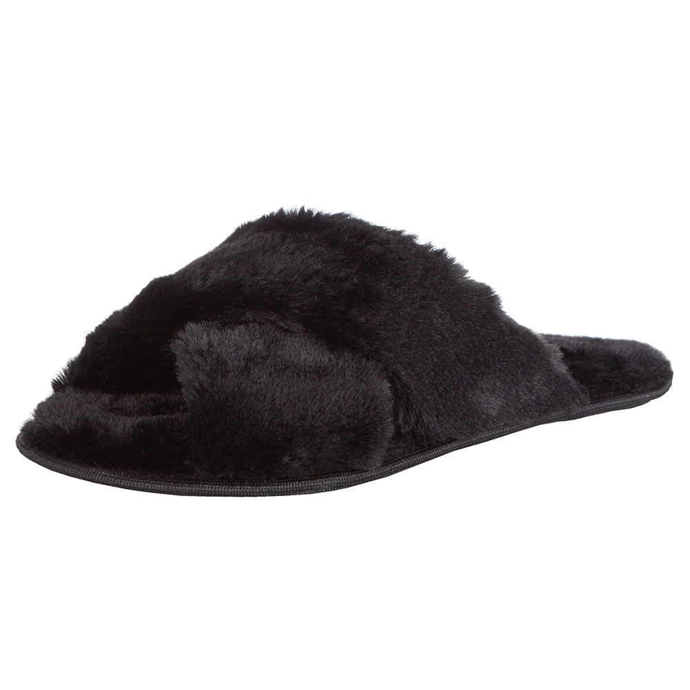 Ladies Faux Fur Black Cross Over Slippers