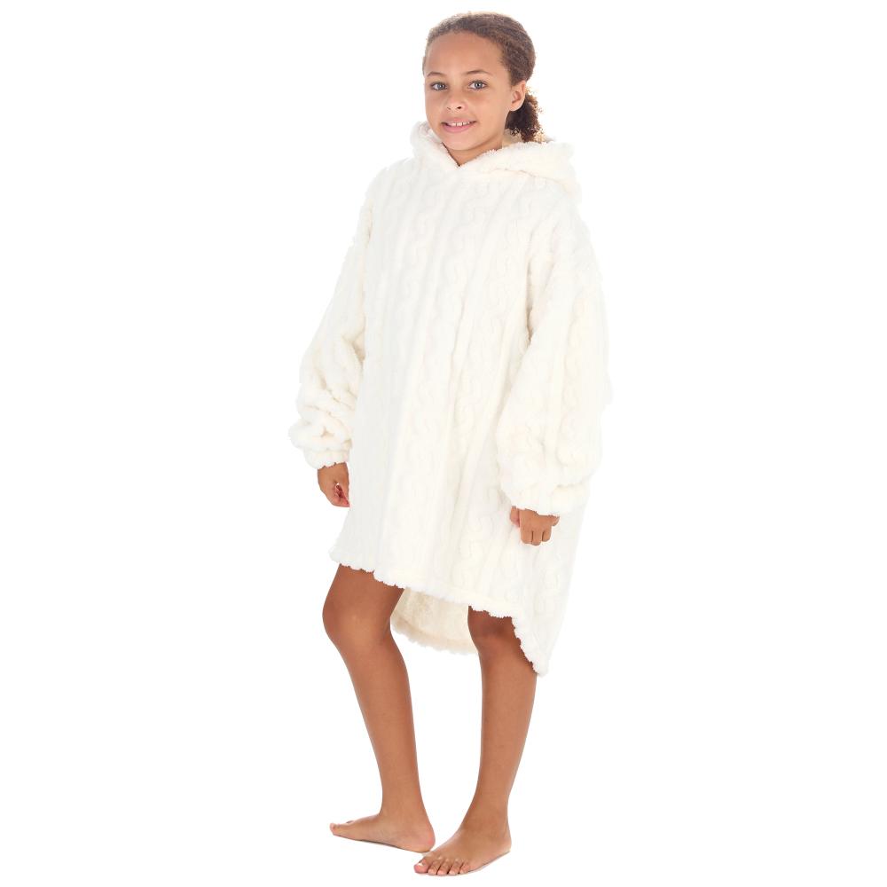 Girls Cream Cable Sherpa Fleece Blanket Hoodie
