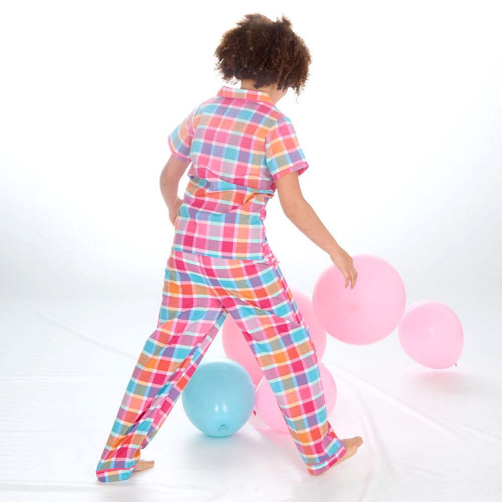 Girls Pink Check Woven Pyjama Set