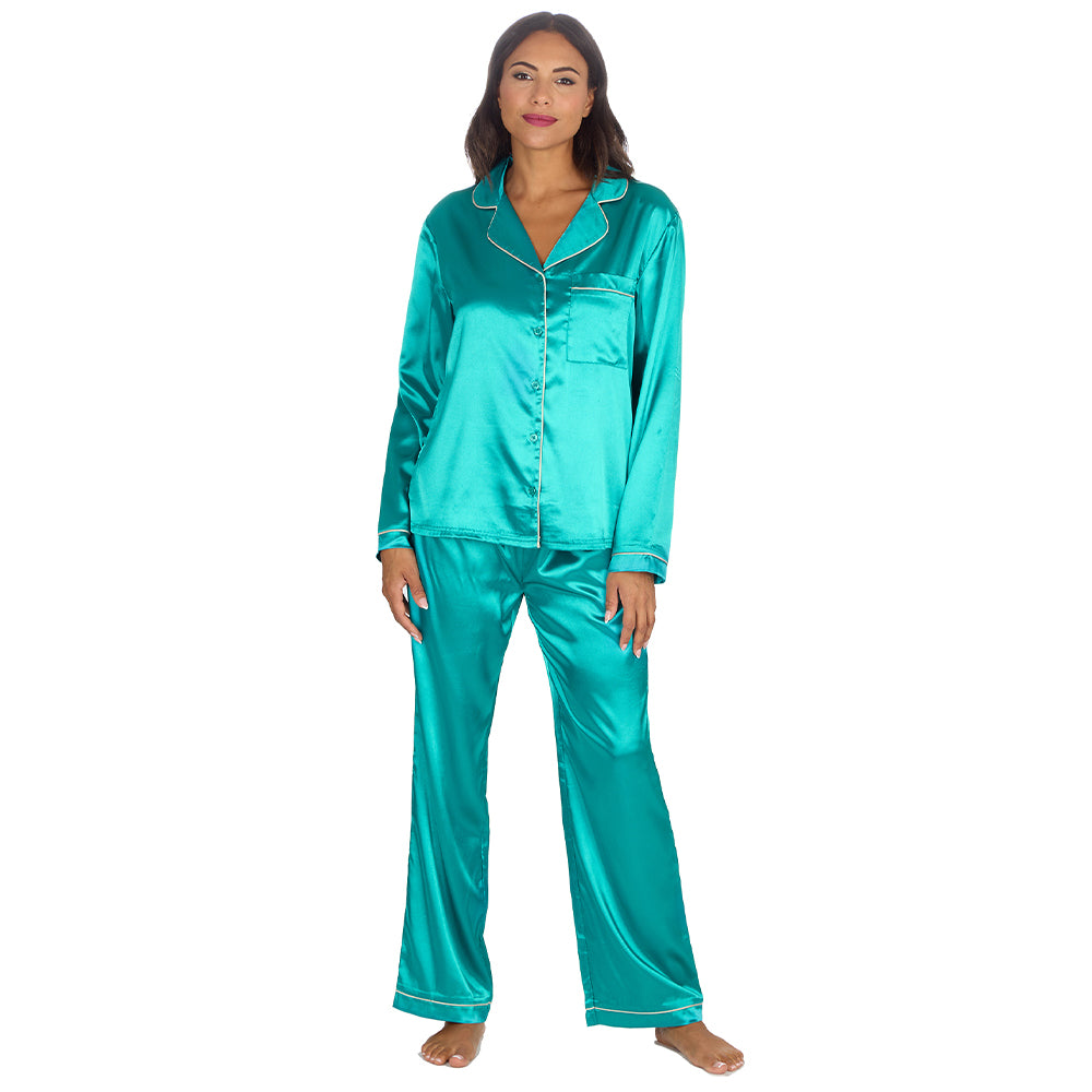 Ladies Teal Silky Satin Long Pyjama Set
