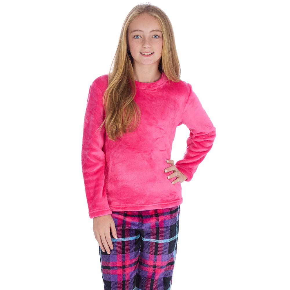 Girls Fuchsia Check Fleece Pyjama Set