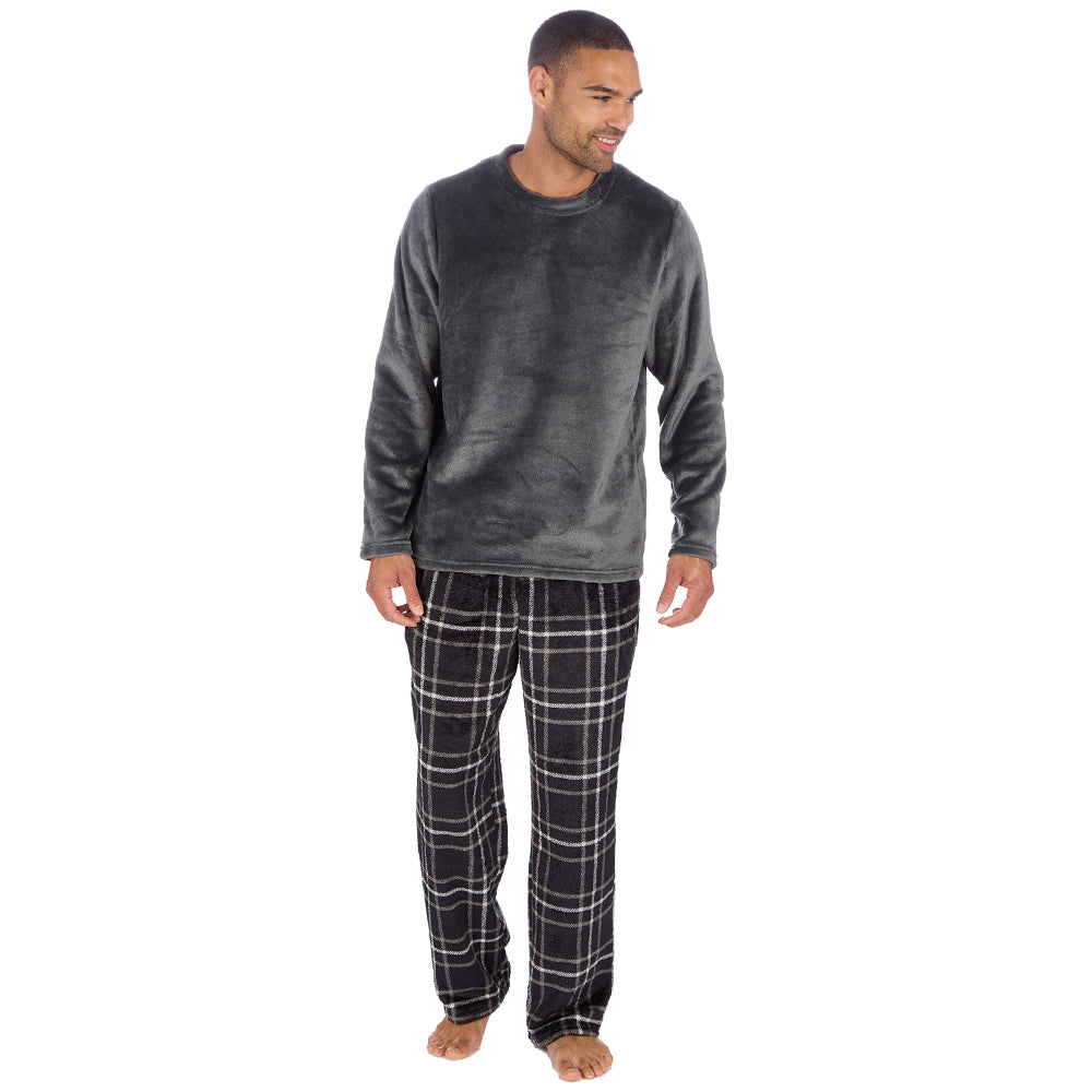 Mens Charcoal Check Fleece Pyjama Set