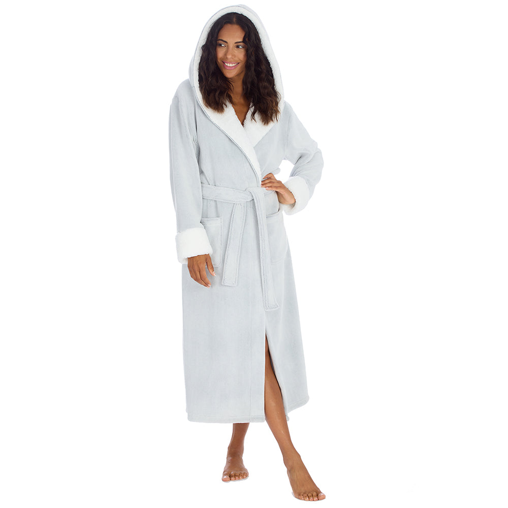 Ladies Frosted Grey Long Hooded Dressing Gown