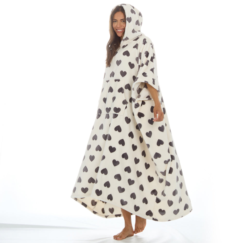 Ladies Hearts Cream Poncho Hooded Blanket
