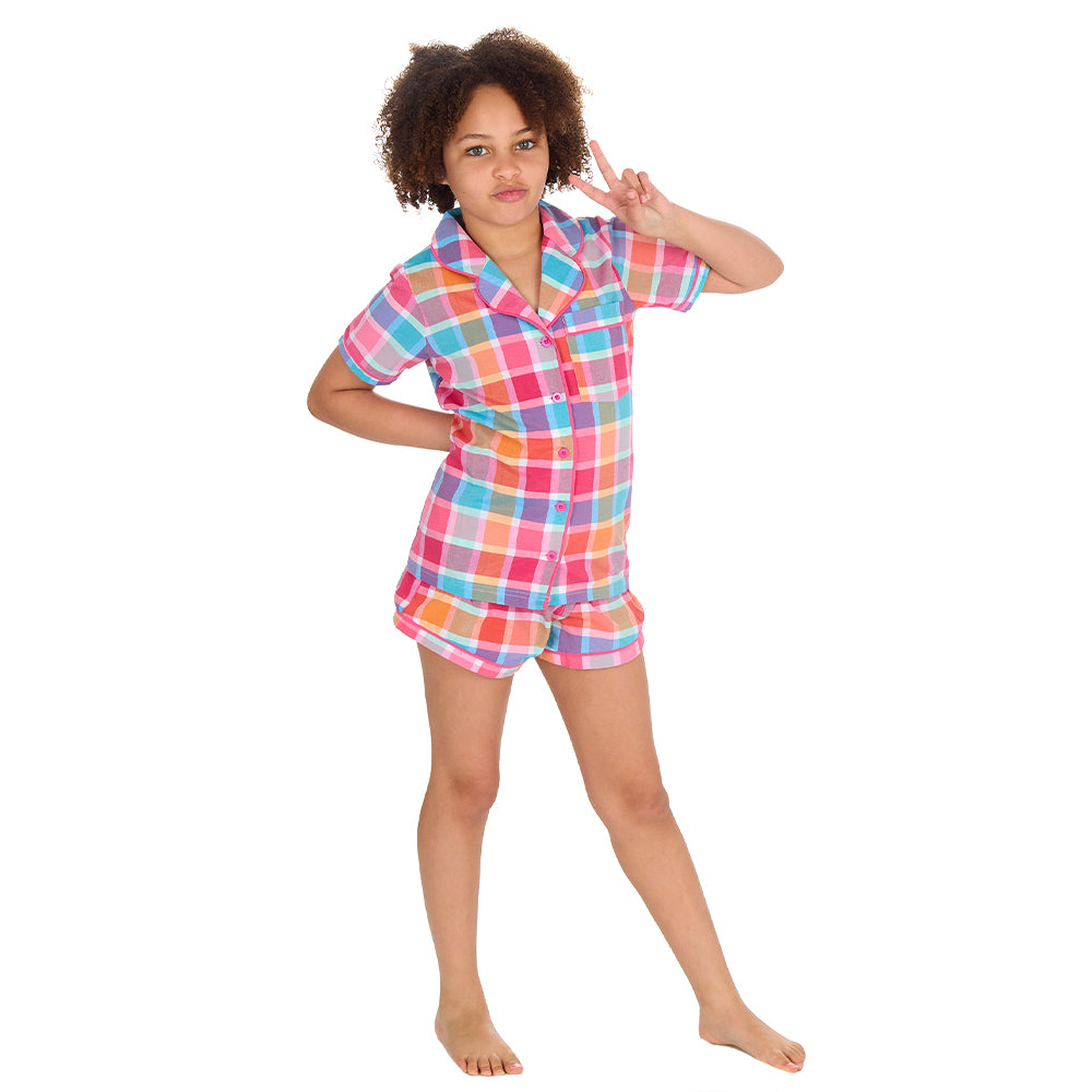 Girls Pink Check Woven Short Pyjamas