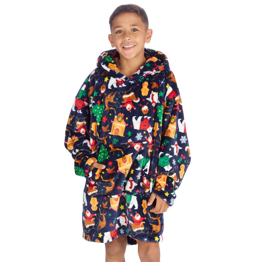 Kids Navy Christmas Fleece Blanket Hoodie