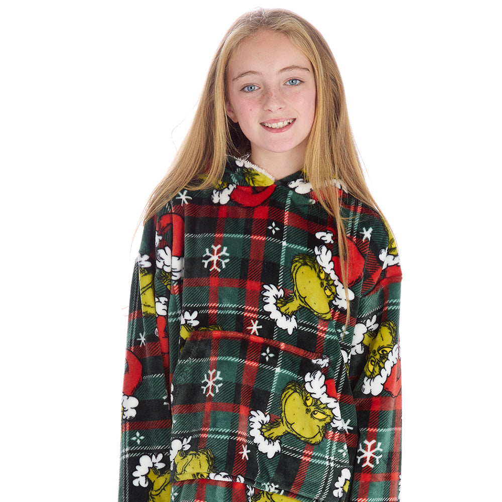 Girls Grinch Check Blanket Hoodie