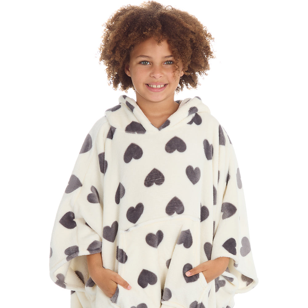 Girls Hearts Cream Poncho Hooded Blanket