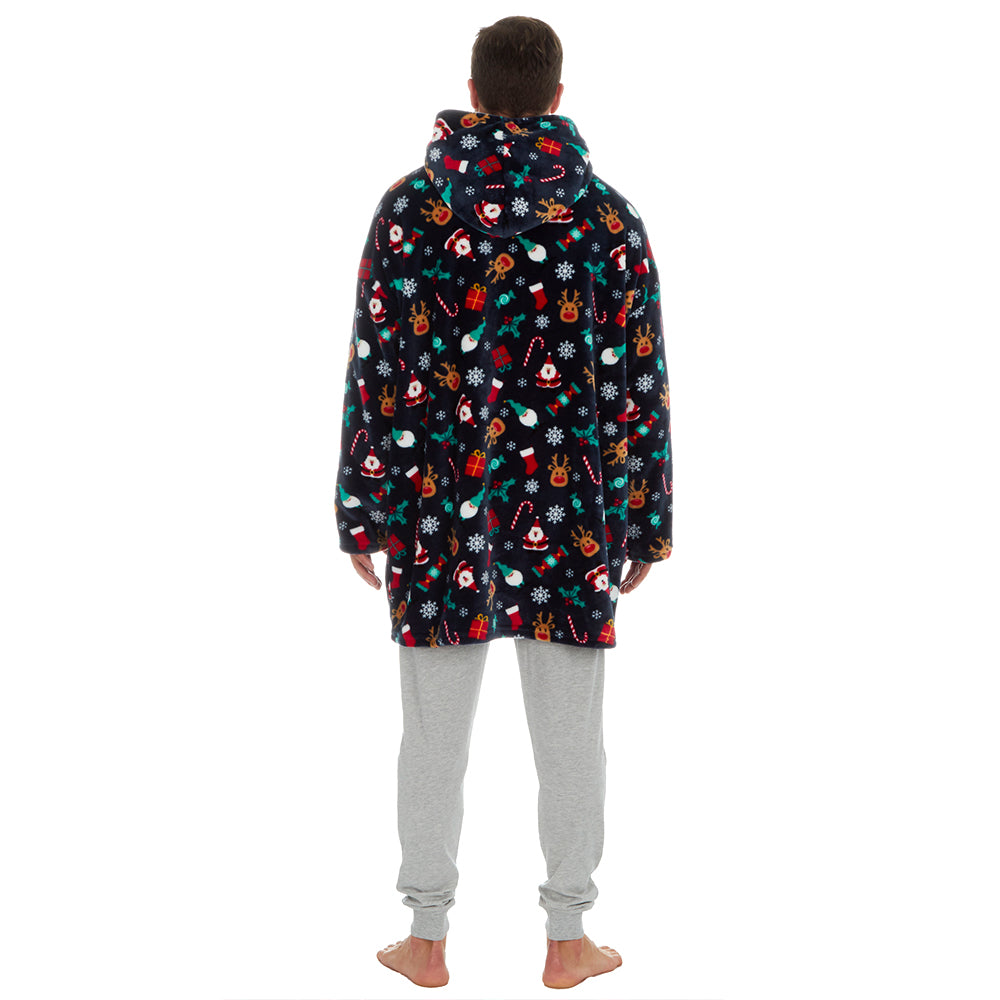 Mens Navy Christmas Print Blanket Hoodie