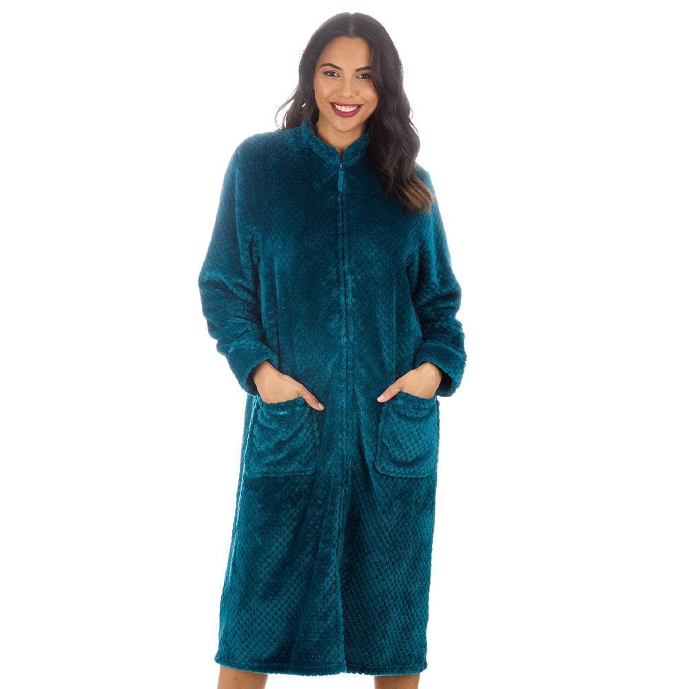 Ladies Full Zip Waffle Teal Dressing Gown