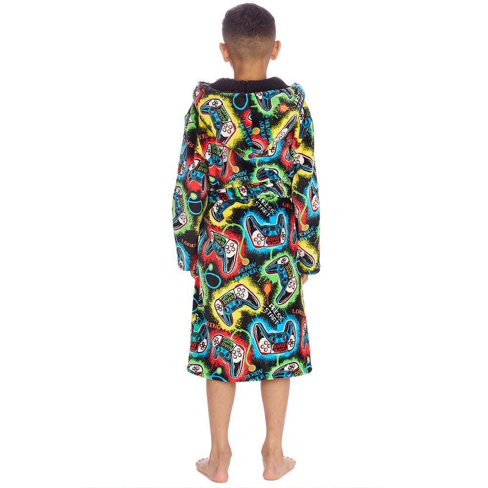Boys Black Gamer Hooded Dressing Gown 