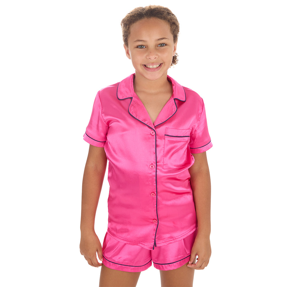 Girls Pink Silky Satin Short Pyjama Set