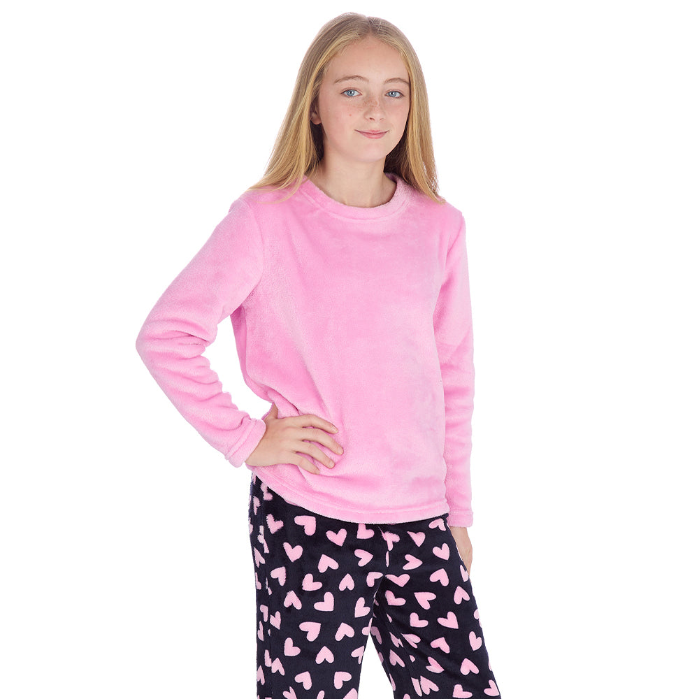 Girls Pink Hearts Fleece Pyjama Set