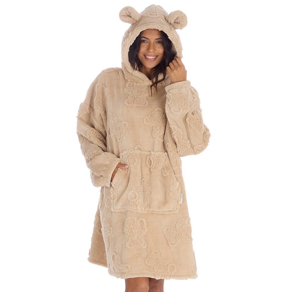Ladies Beige Teddy Bear Textured Blanket Hoodie