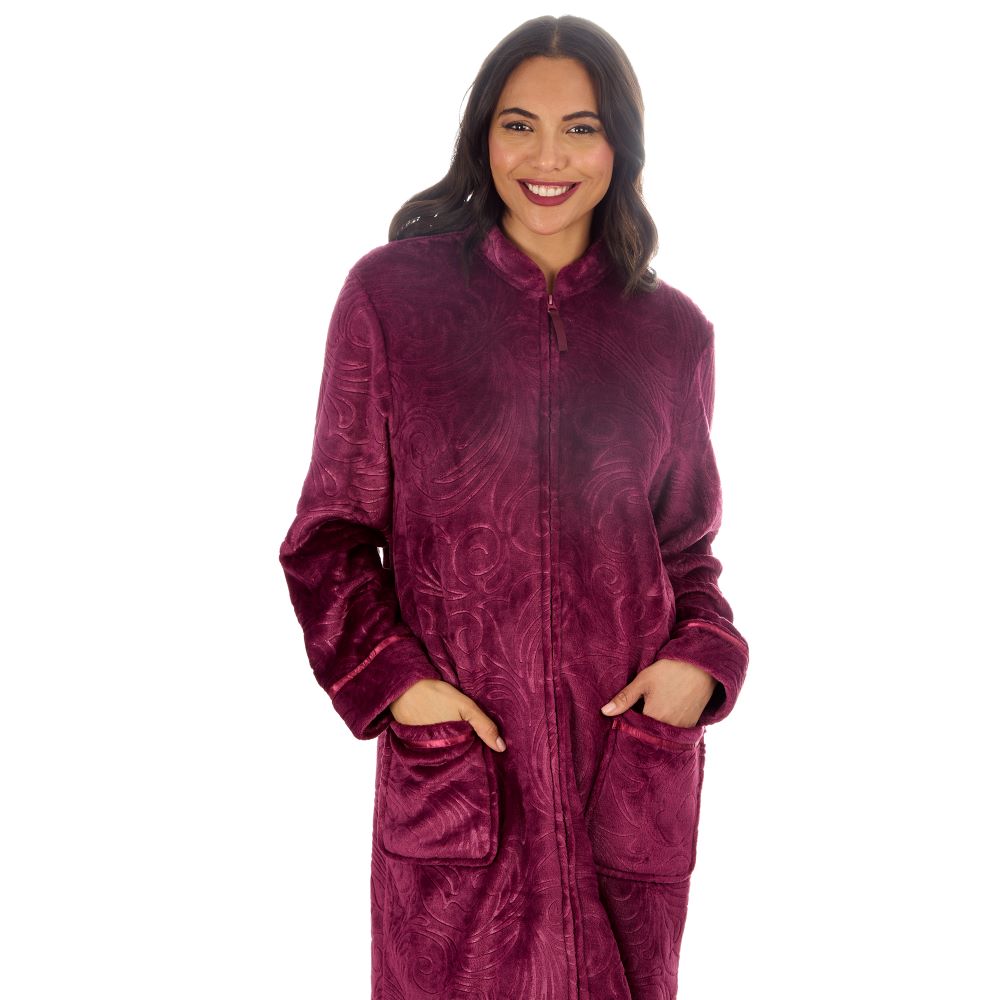 Ladies Full Zip Floral Embossed Burgundy Dressing Gown