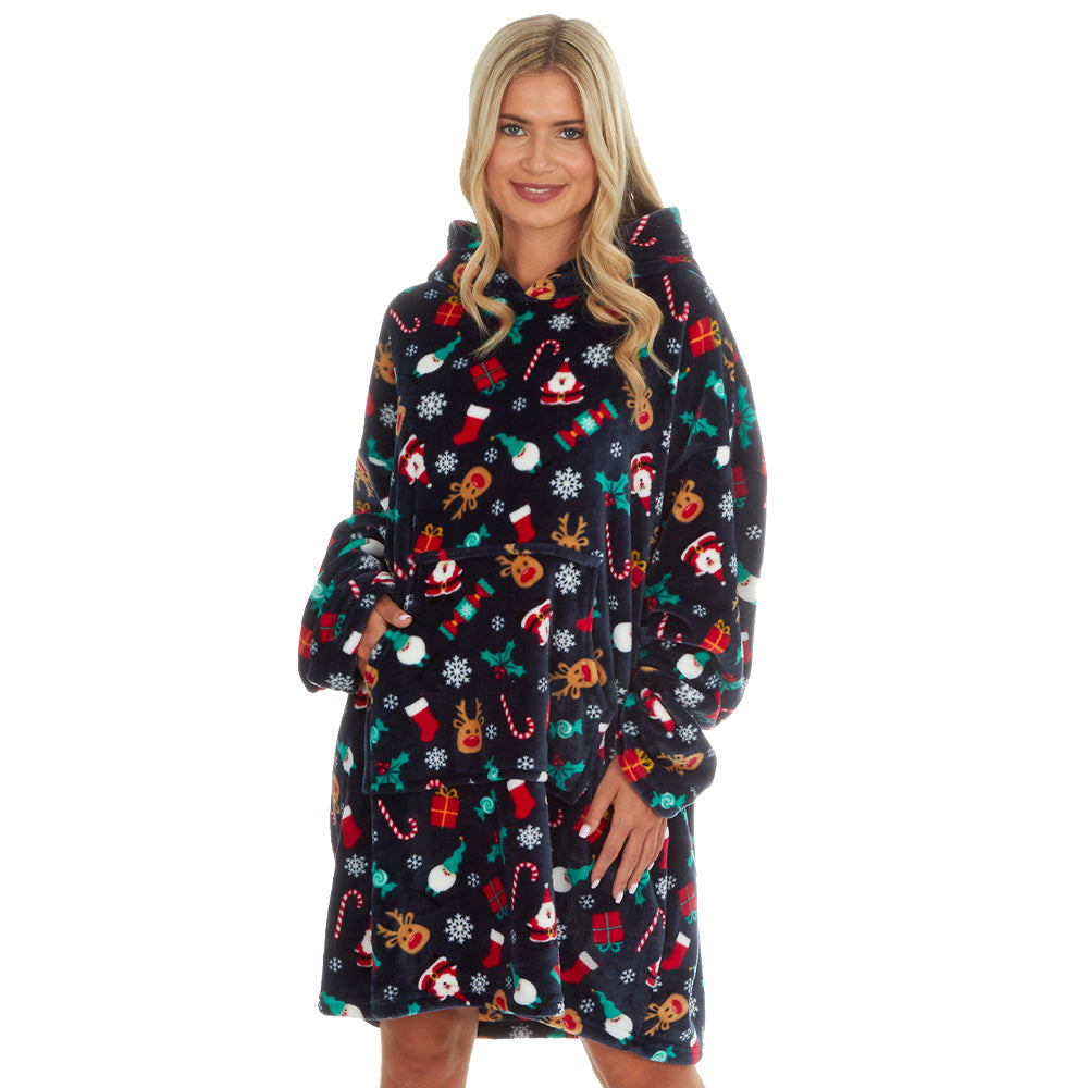 Ladies Navy Christmas Print Blanket Hoodie
