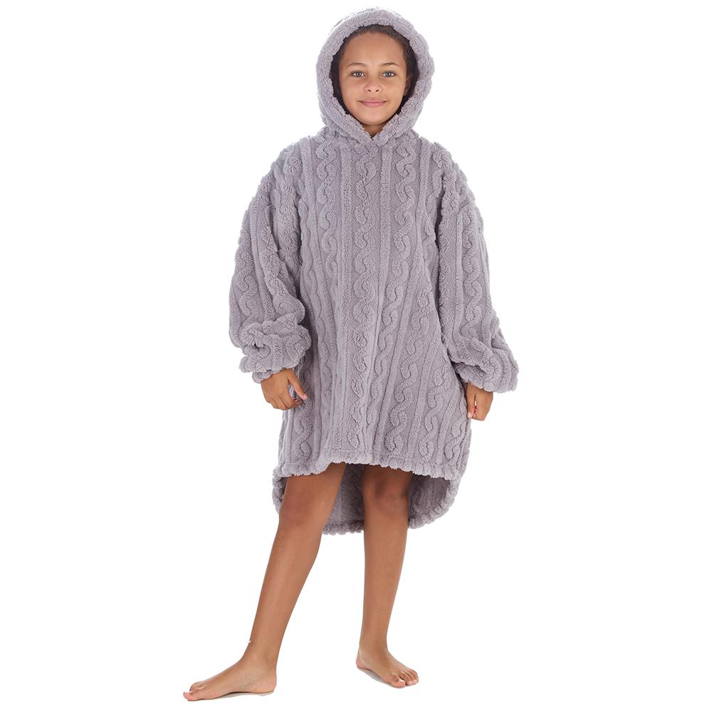 Girls Grey Cable Sherpa Fleece Blanket Hoodie