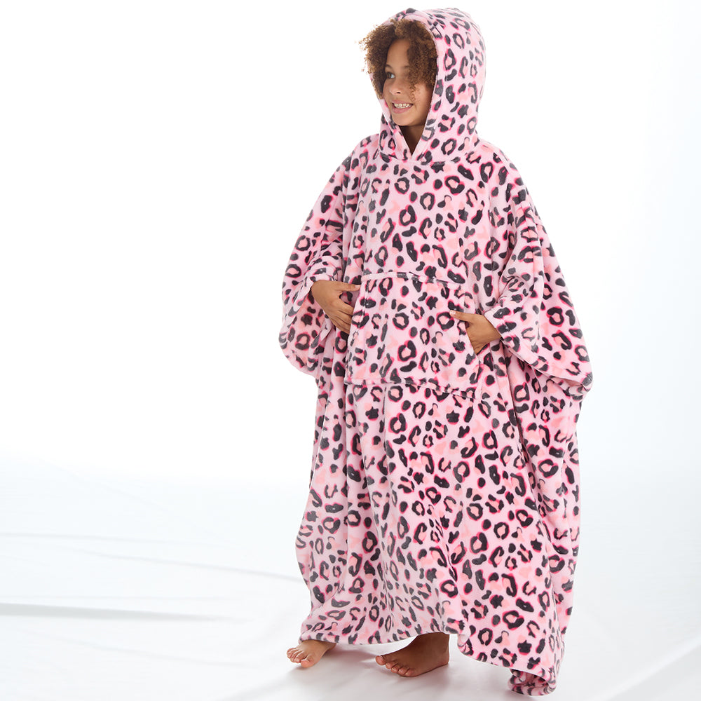 Girls Leopard Pink Poncho Hooded Blanket