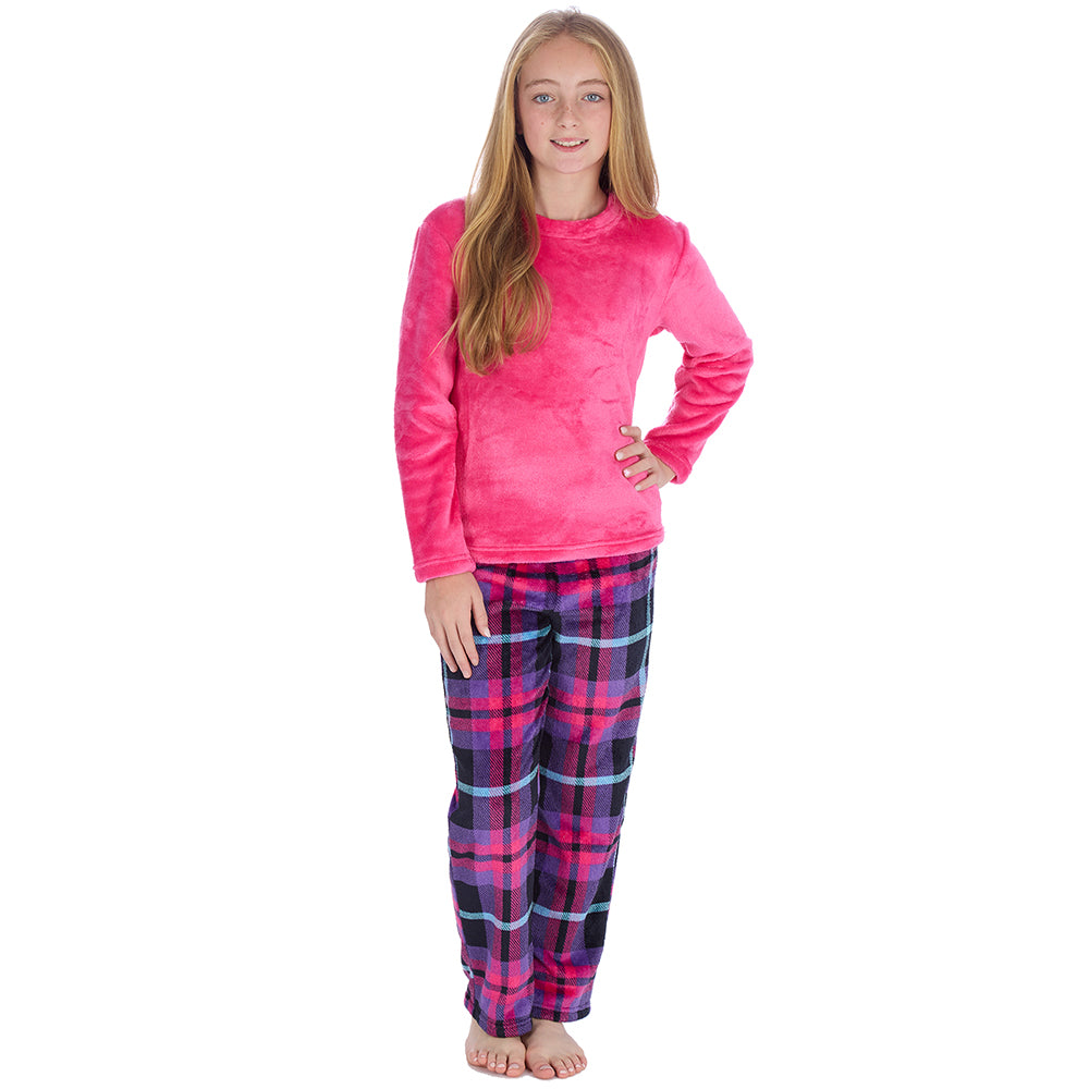 Girls Fuchsia Check Fleece Pyjama Set
