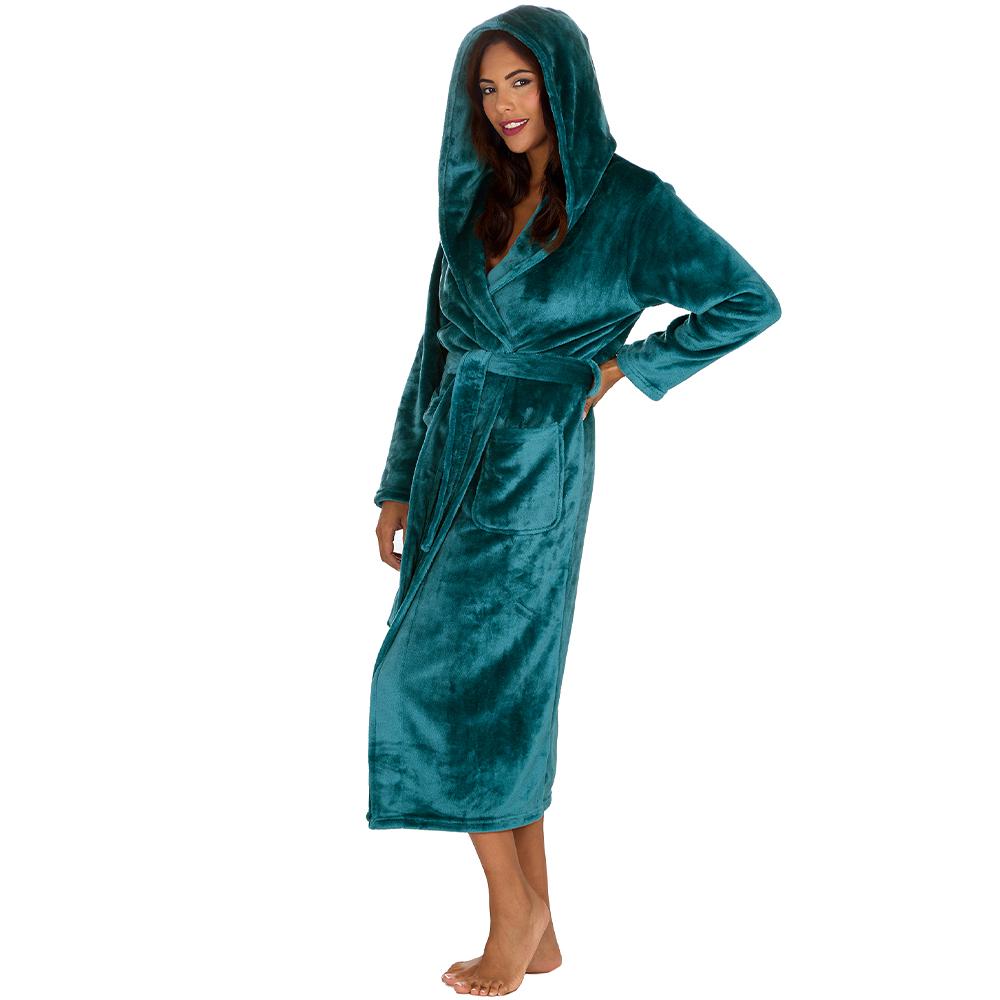 Ladies Teal Long Hooded Dressing Gown
