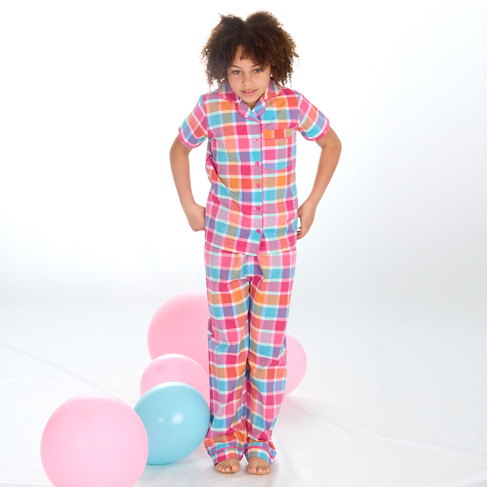 Girls Pink Check Woven Pyjama Set