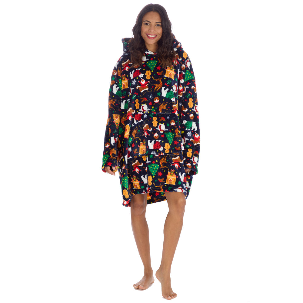 Ladies Navy Christmas Fleece Blanket Hoodie