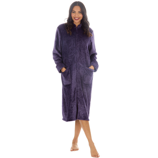Ladies Full Zip Floral Embossed Purple Dressing Gown