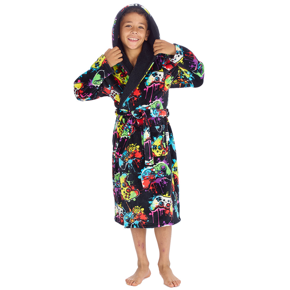 Boys Navy Gamer Hooded Dressing Gown 