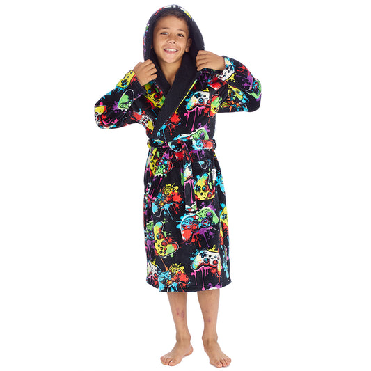 Boys Navy Gamer Hooded Dressing Gown 