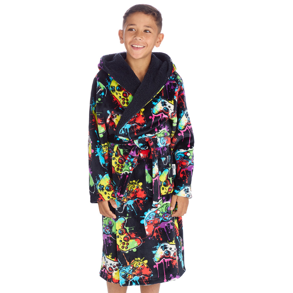 Boys Navy Gamer Hooded Dressing Gown 