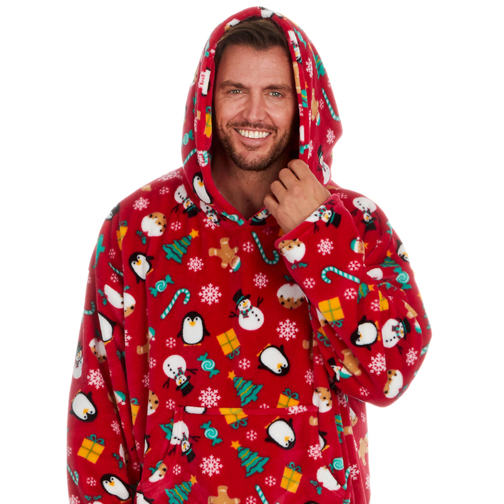 Mens Red Christmas Print Blanket Hoodie Huggable Hoodie