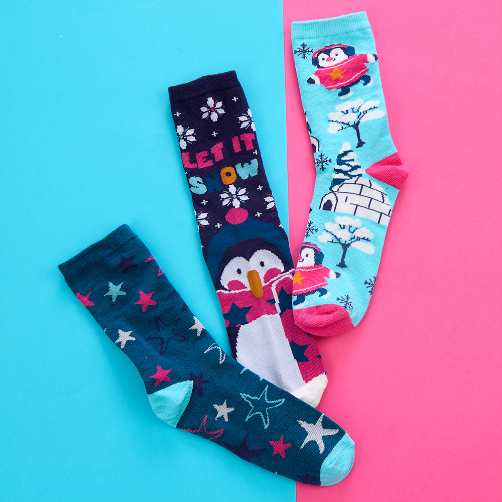 Ladies 3 Pairs Christmas Penguin Cotton Socks