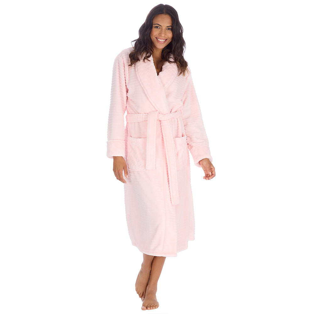Ladies Baby Pink Textured Shawl Collar Dressing Gown