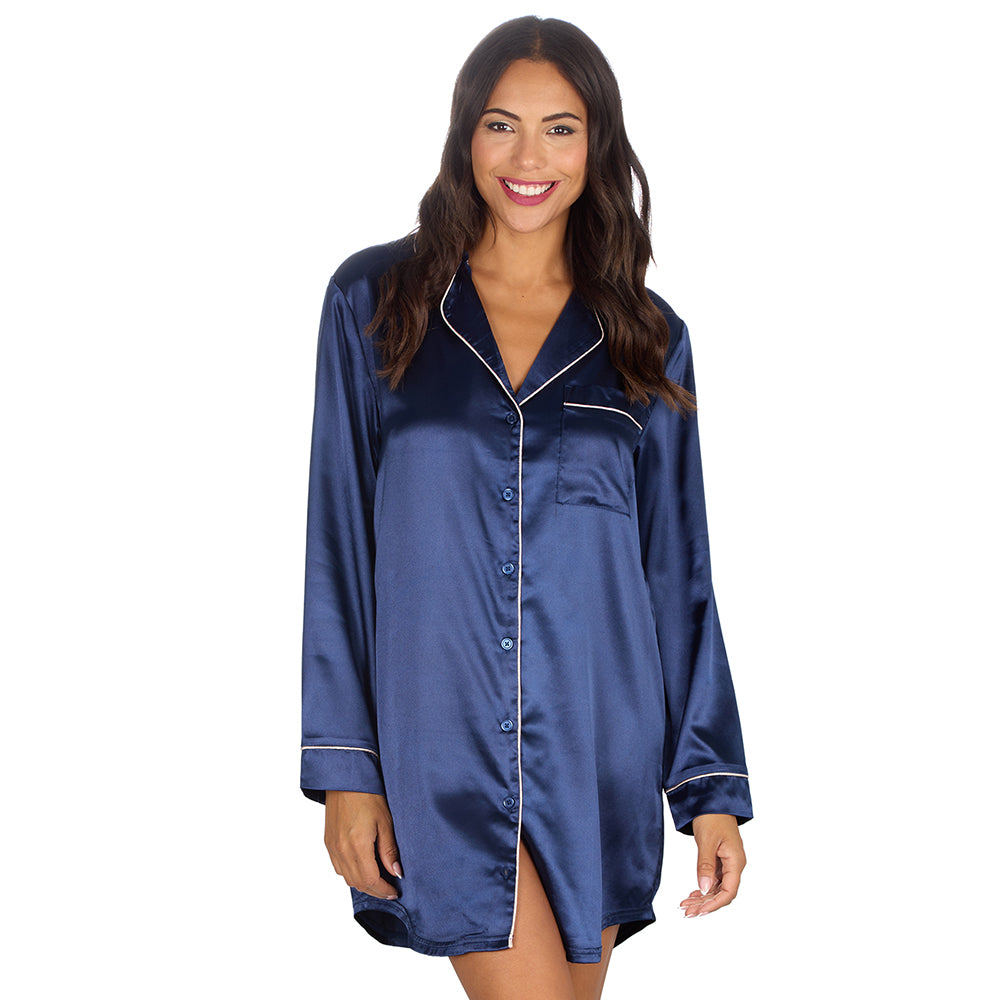 Ladies Navy Silky Satin Nightshirt