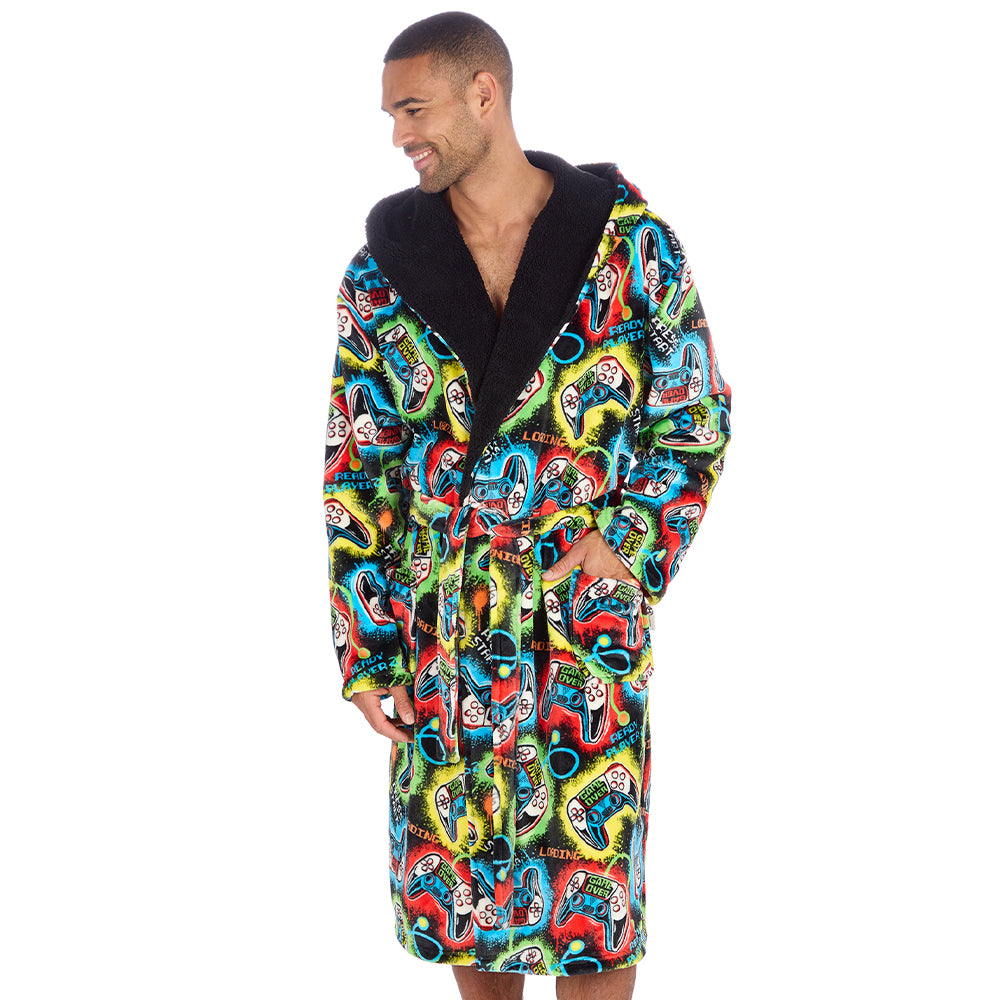 Mens Black Gamer Hooded Dressing Gown